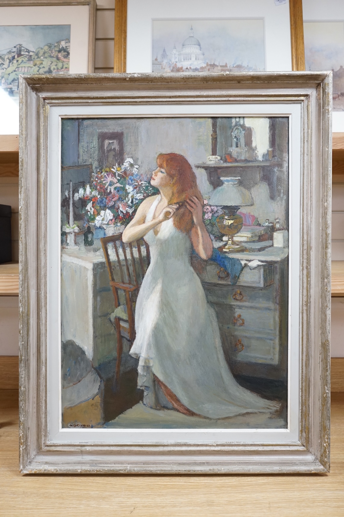 Charles McCall (Scottish, 1907-1989), 'Amanda Brushing the hair', signed and dated 1979, details verso, oil on board, 75 x 54cm